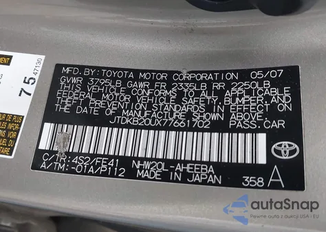 2007 Toyota Prius from USA, damaged, VIN JTDKB20UX77661702